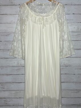 Romantic Lace Nightgown Cream Sheer Lace Sleeve Prairie Cottagecore Dress M